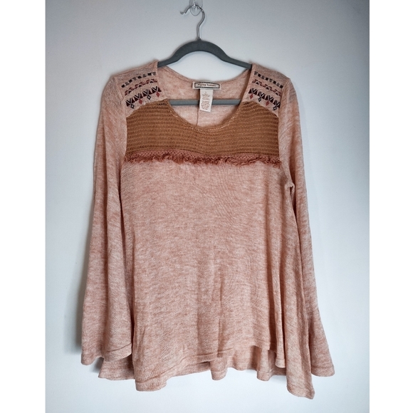 Flying Tomato Tops - Flying Tomato Boho Crochet Top Peasant Long Sleeve Flare Embroidered Blouse L